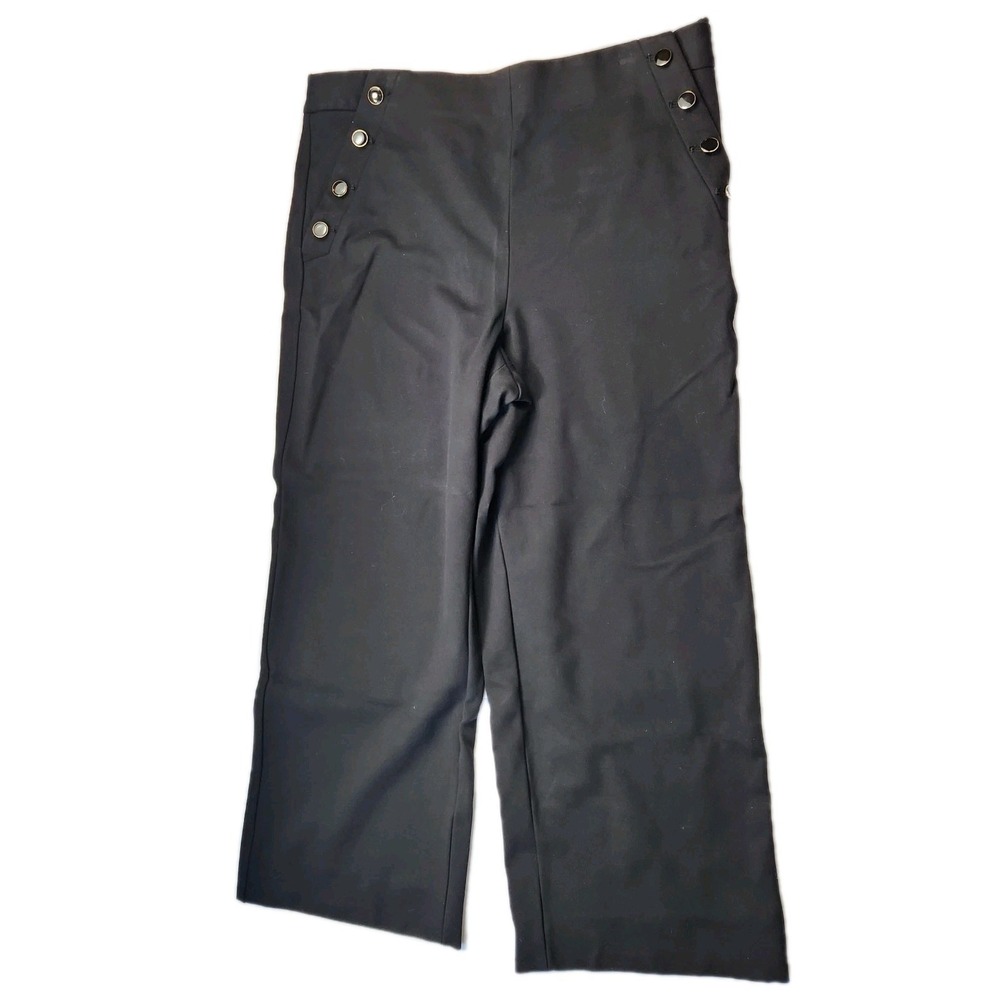 Talbots Women's Knit‎ Wide Leg Pants Sz 16P Black Sailor Side Zip Button Classic